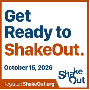 graphic with blue and orange lettering that reads "Get Ready to ShakeOut" Oct. 15, 2026